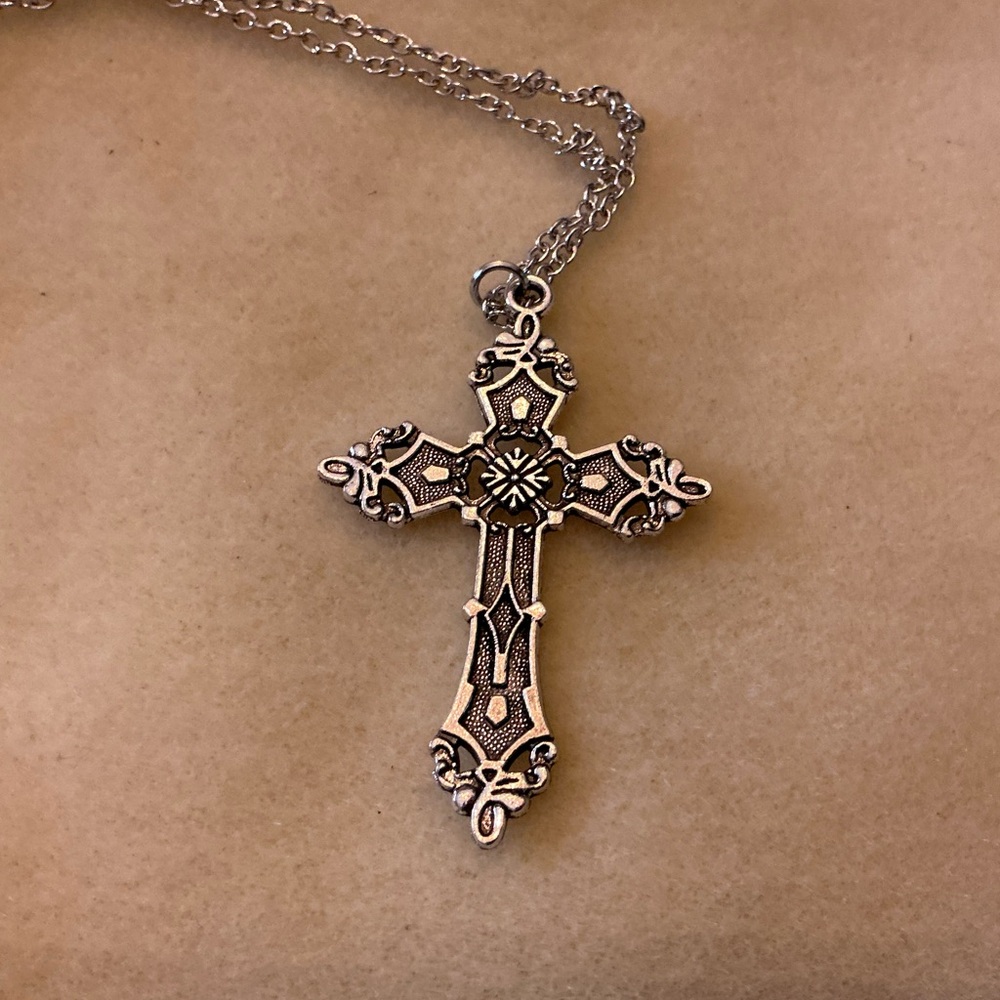 Sterling Tone Filigree Cross Pendant Necklace 26” - Picture 2 of 2